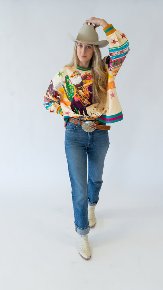 Queen of Sparkles Multi Vintage Cowboy Santa Sweatshirt