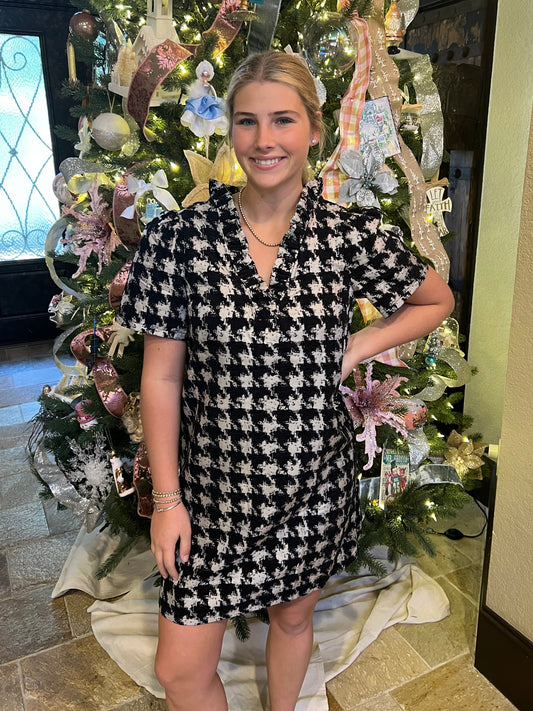 Black Ruffle Houndstooth Dress
