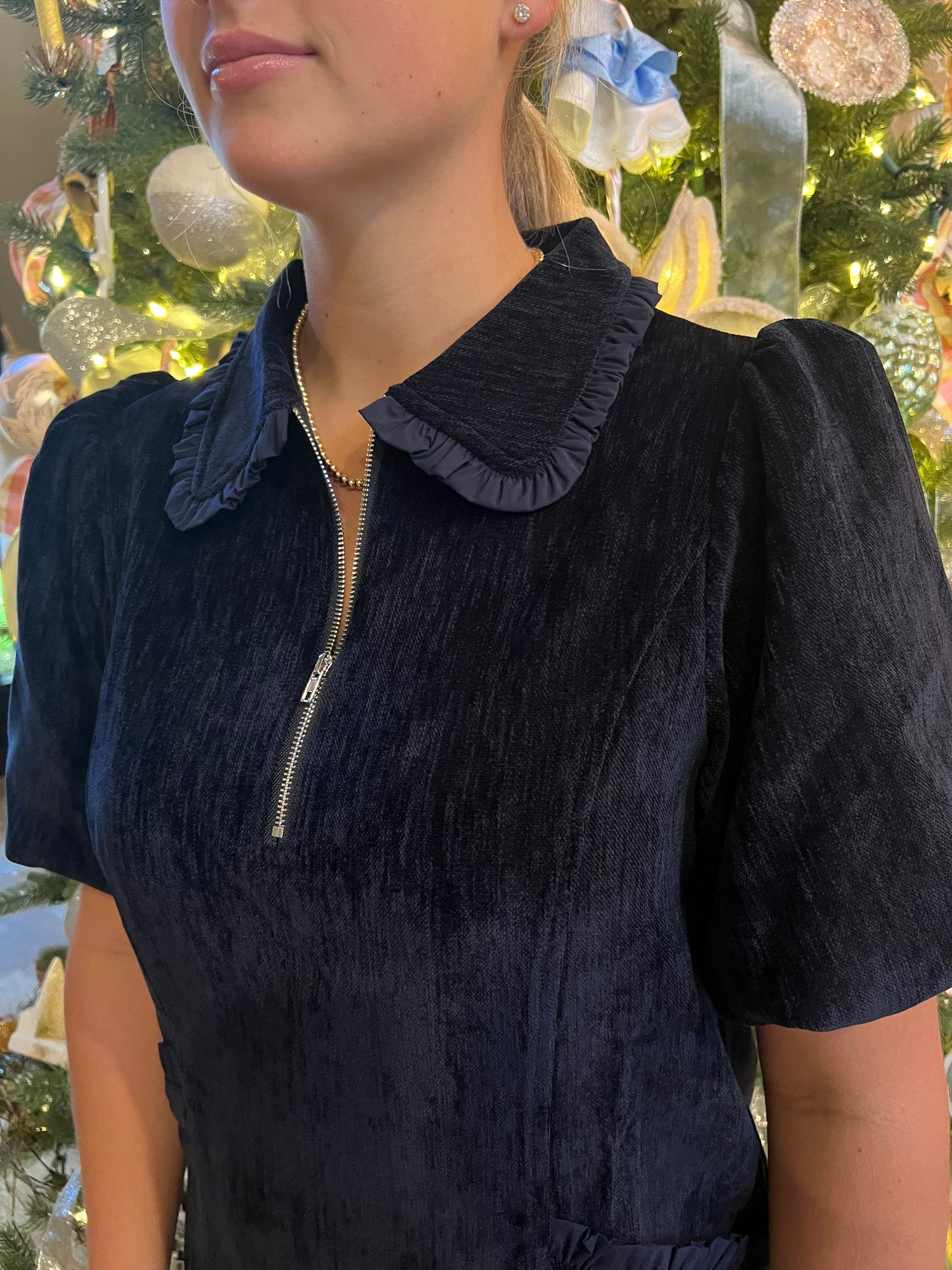 Navy Velvet Ruffle Dress