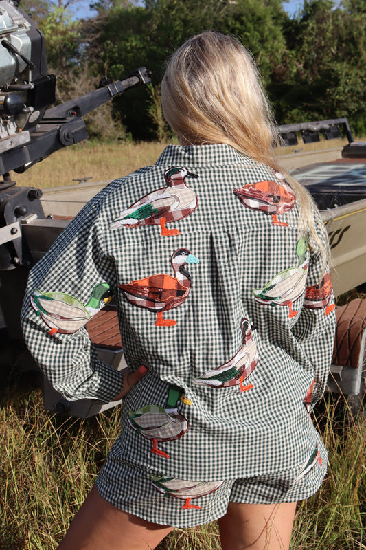 Queen of Sparkles Gingham Duck Button Up