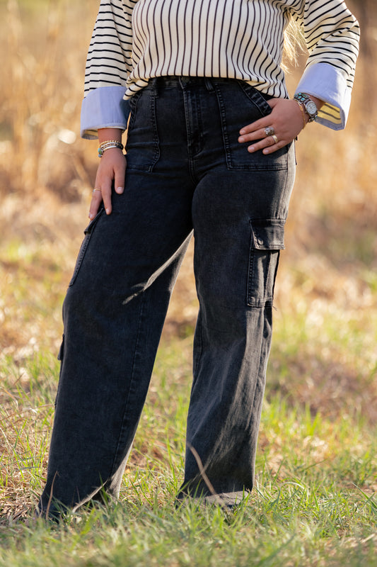 Black Washed Cargo Jeans