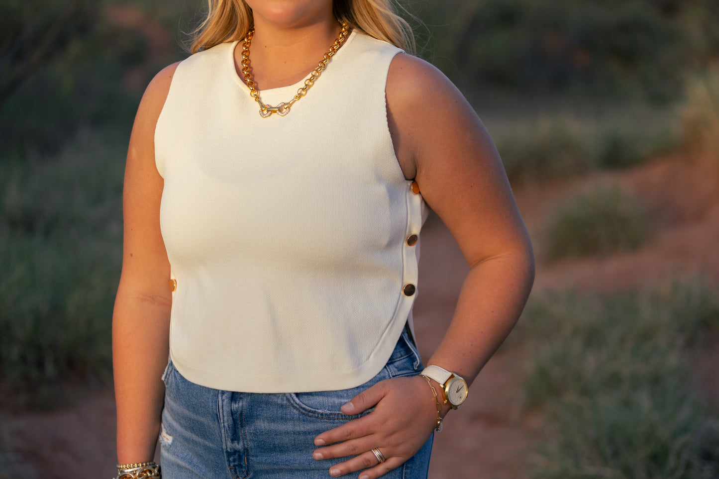 Gold Button Tank Cream