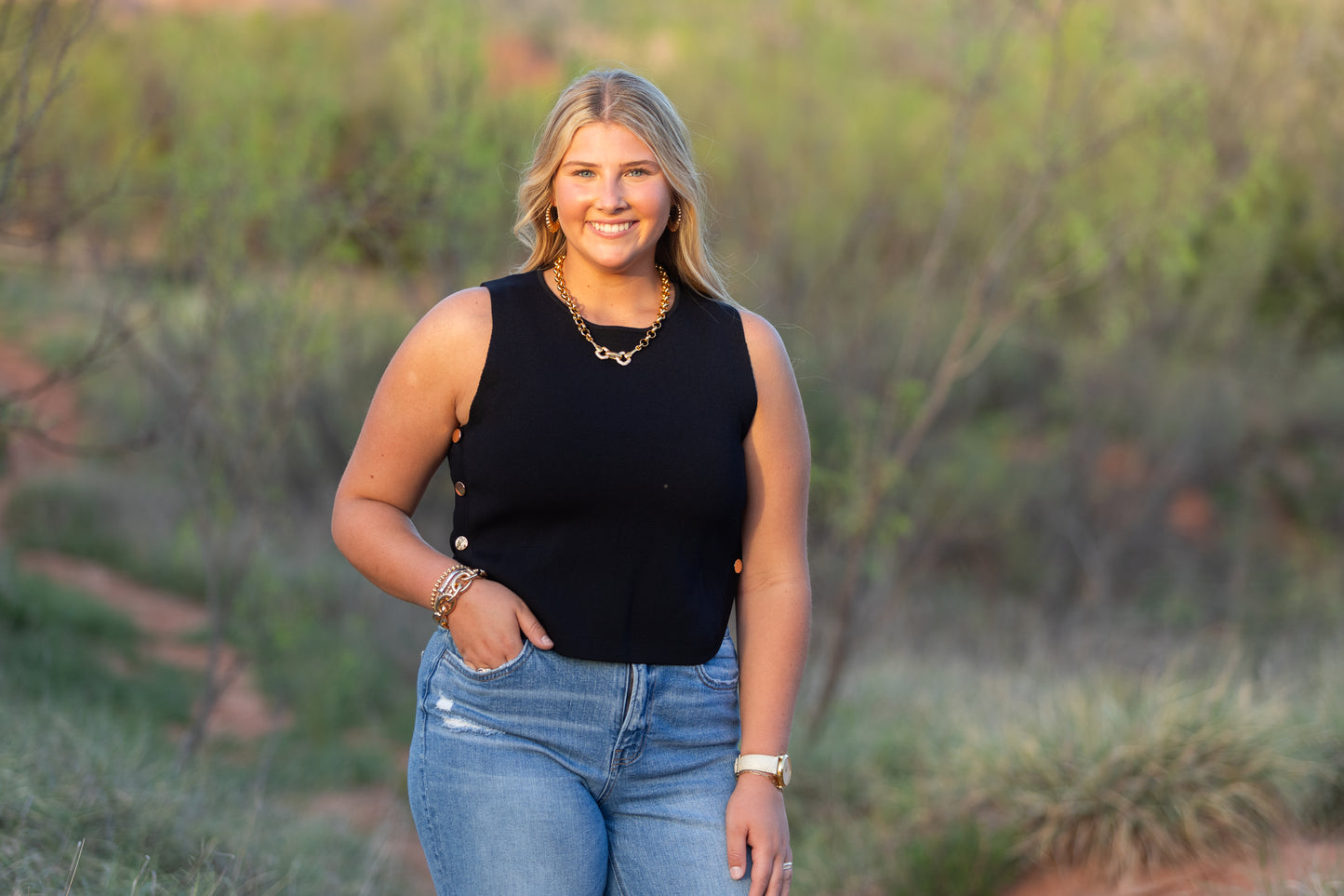 Gold Button Tank Black