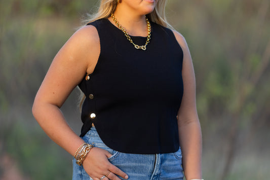 Gold Button Tank Black