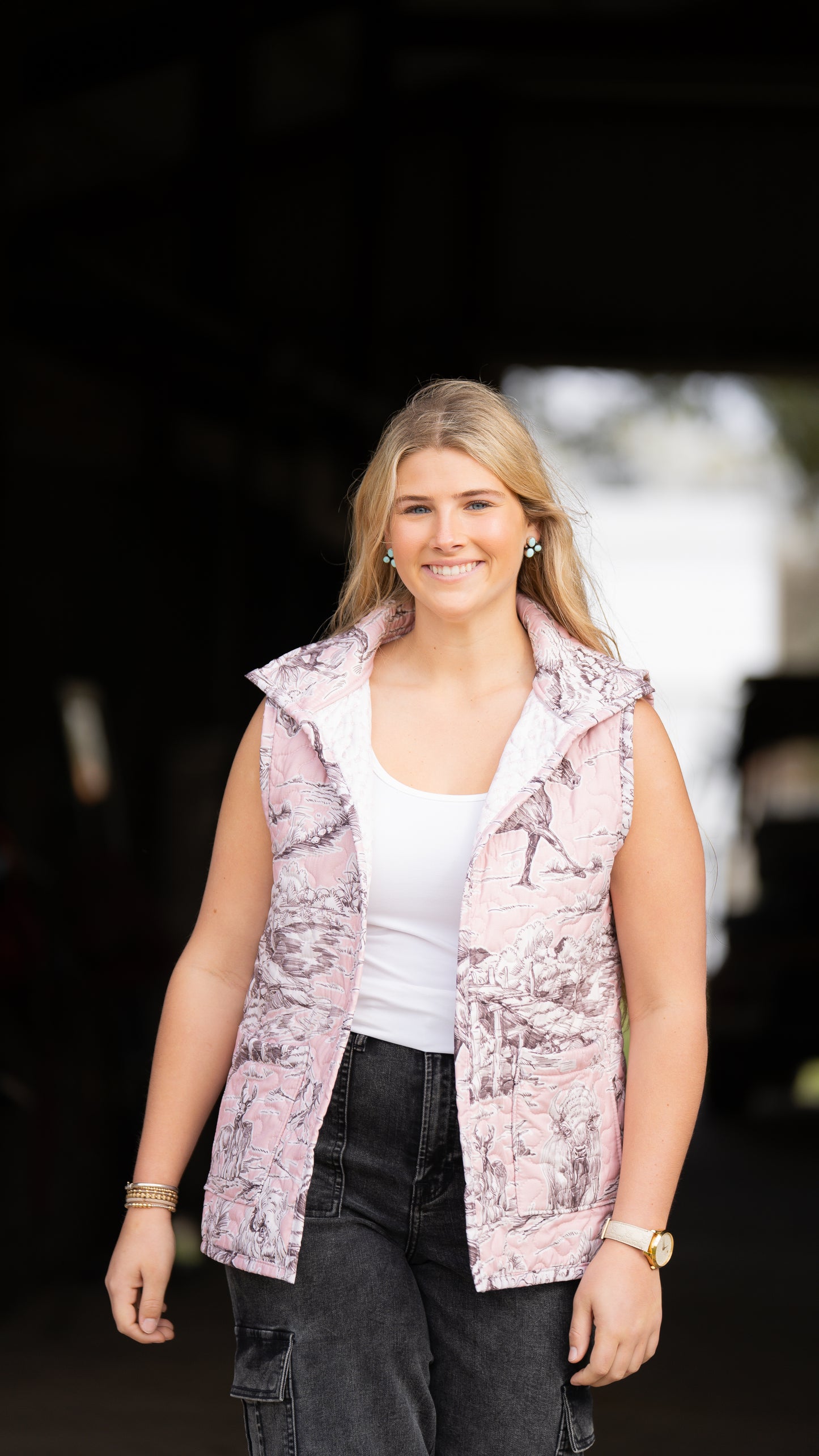 Ida Mae Pink & Brown Wildlife Toile Quilted Vest