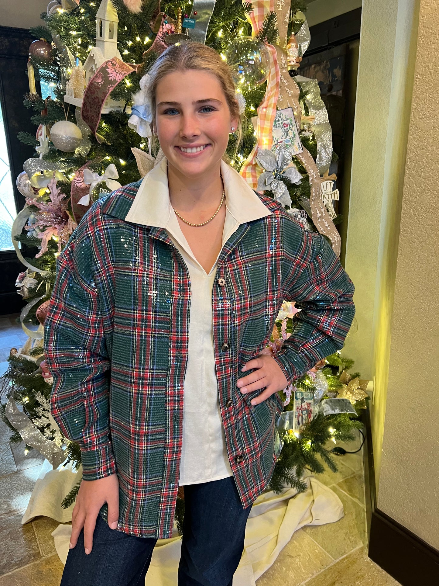 Green Plaid Sequin Button Up