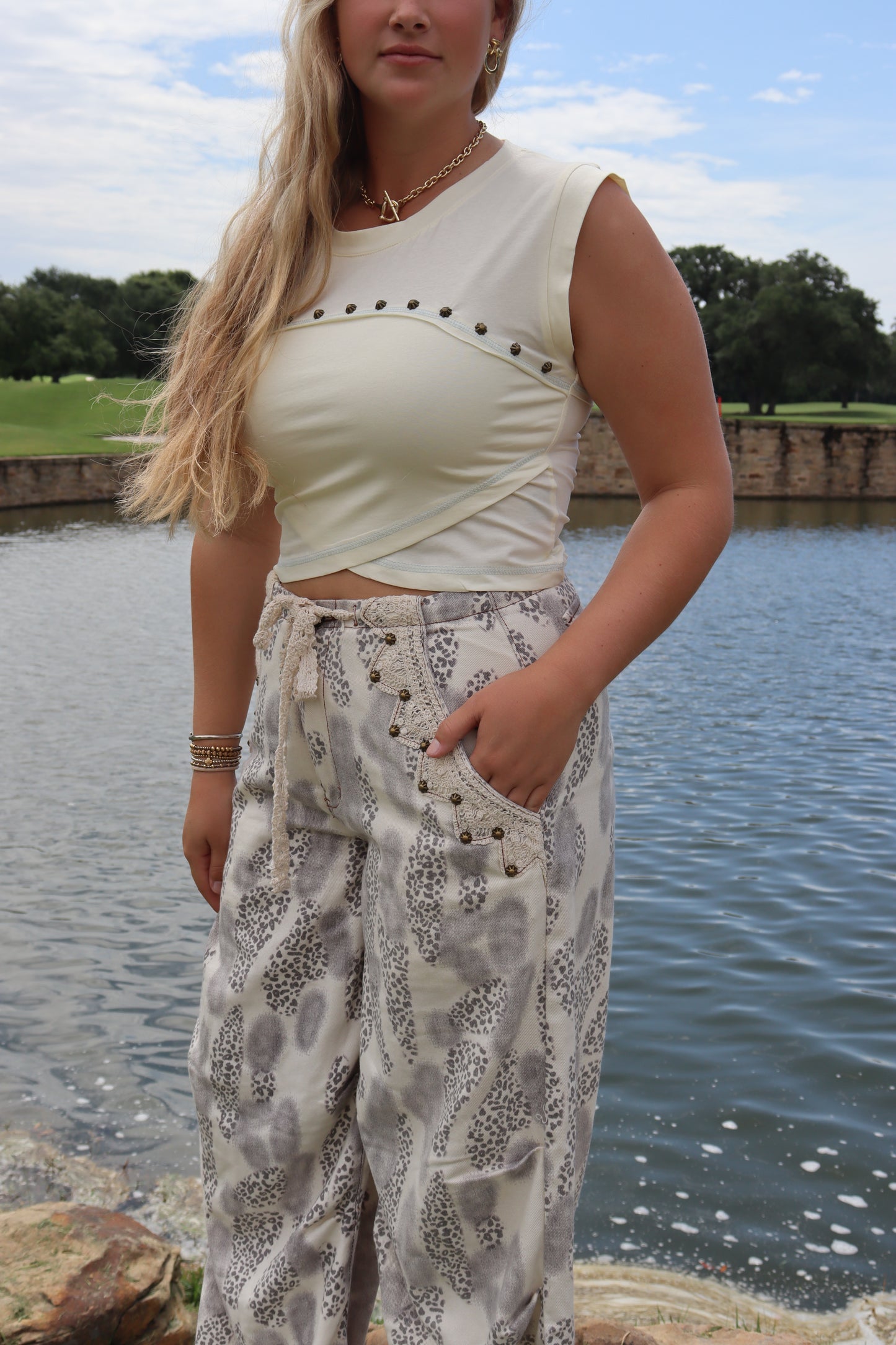 Cream & Red Studded Tanks