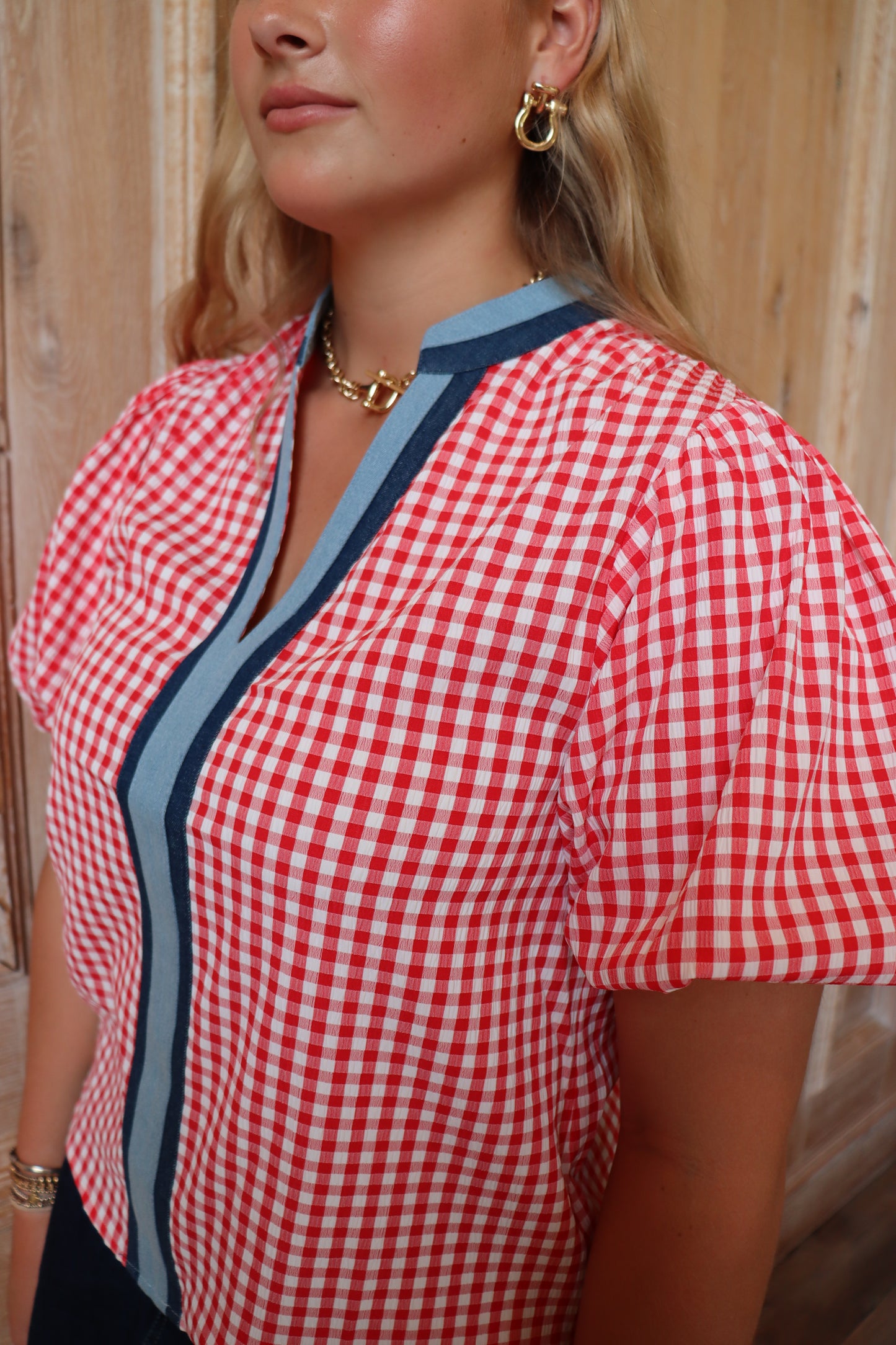 Red Gingham Denim Top