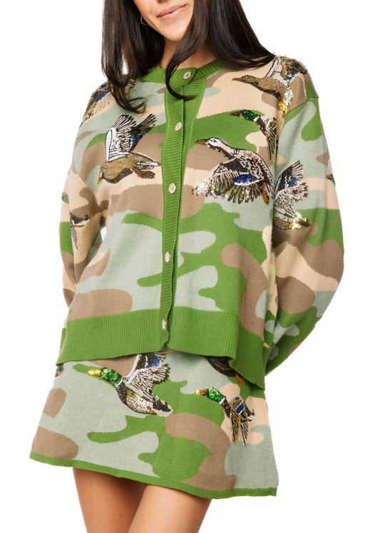 Queen of Sparkles Green Camo Ducks Flying Knit Cardigan