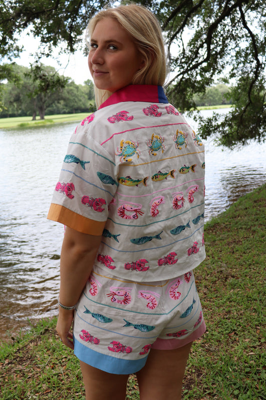 Queen Of Sparkles White Multi Trim Seafood Stripe Shorts