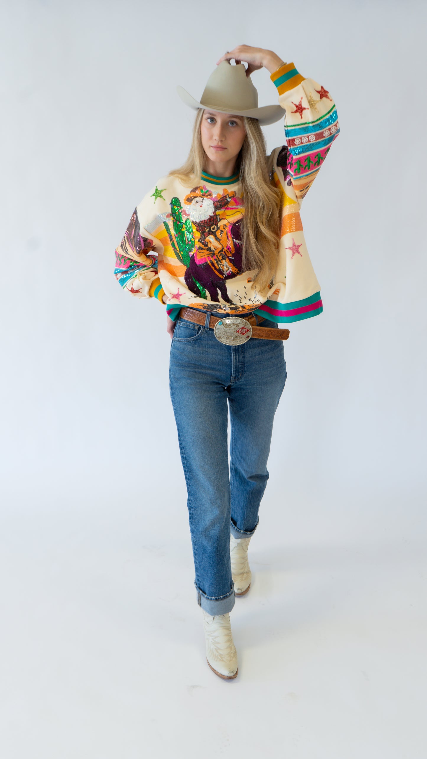 Queen of Sparkles Multi Vintage Cowboy Santa Sweatshirt