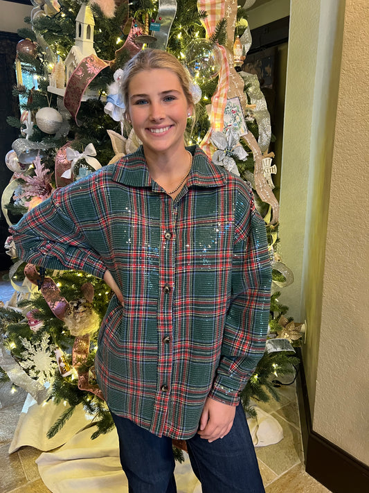 Green Plaid Sequin Button Up