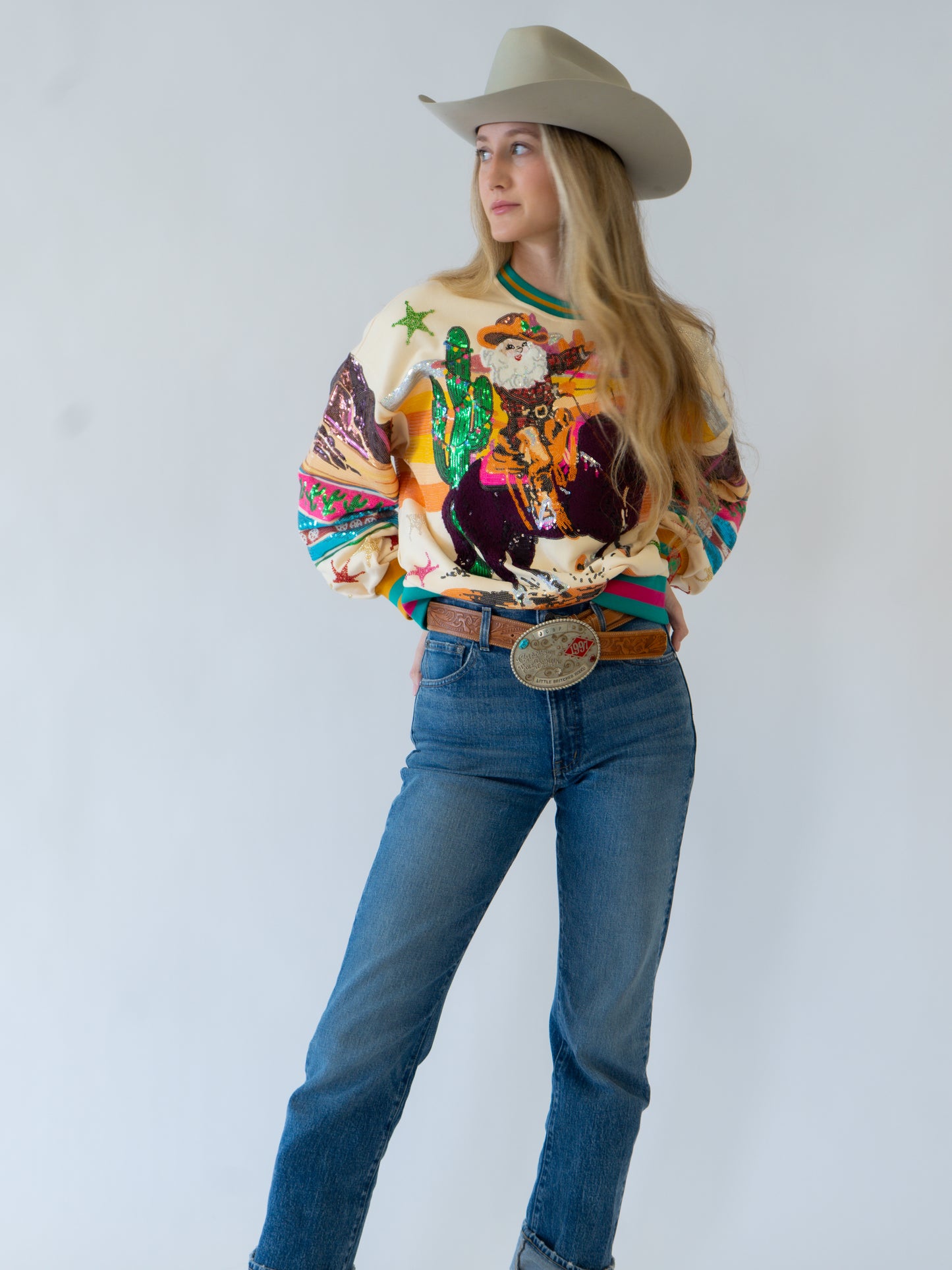 Queen of Sparkles Multi Vintage Cowboy Santa Sweatshirt