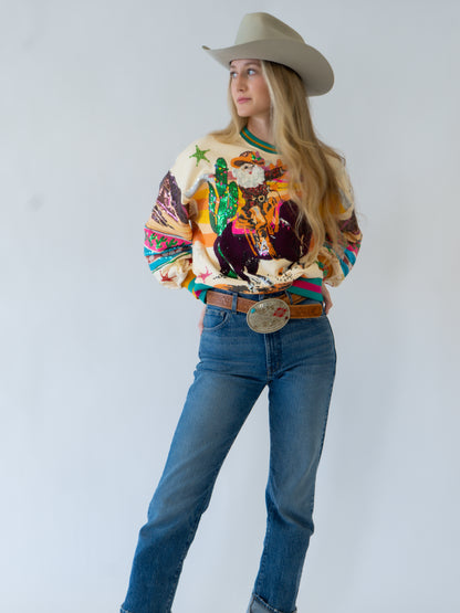 Queen of Sparkles Multi Vintage Cowboy Santa Sweatshirt