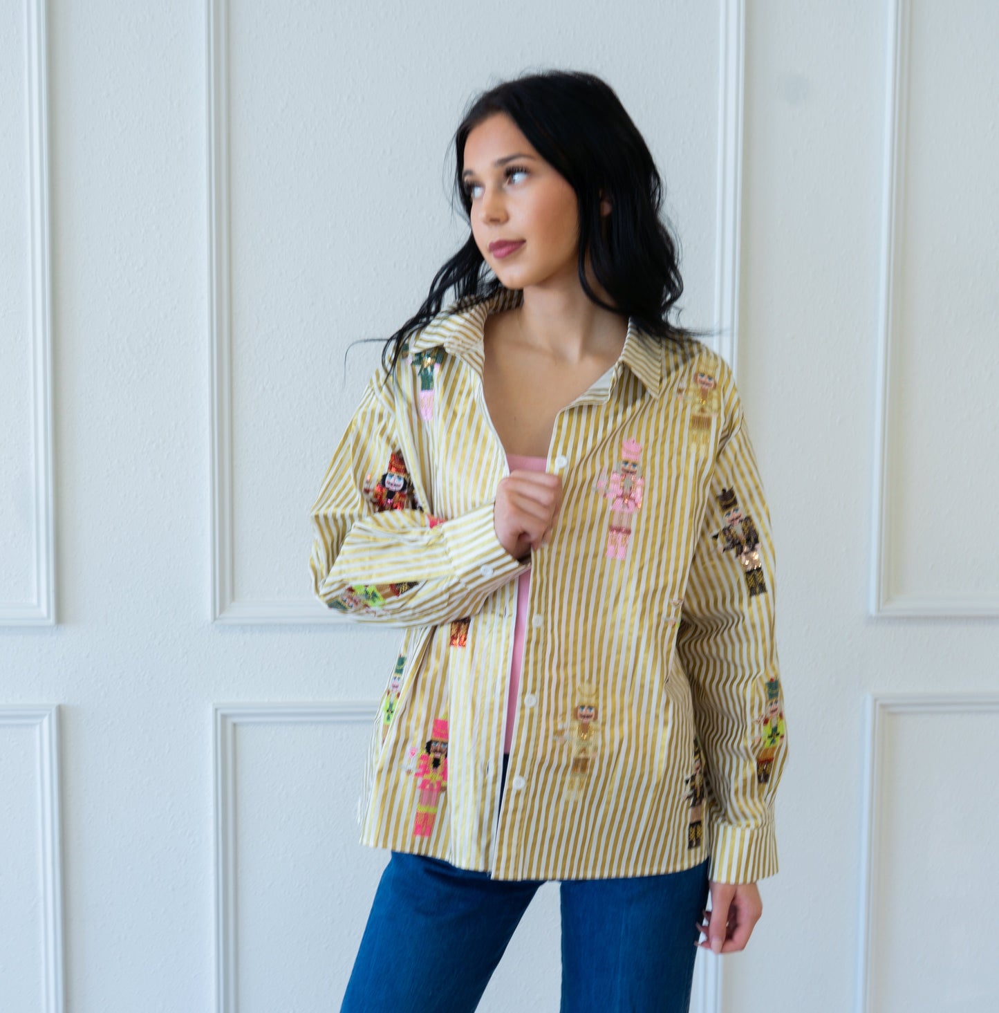 Queen of Sparkles Gold Metallic Stripe Serving Nutcrackers Button Up