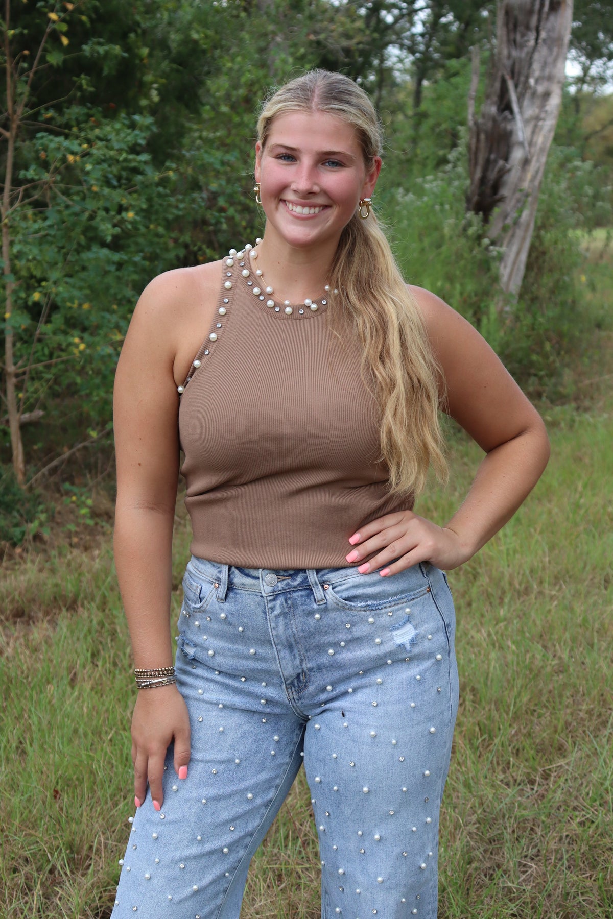 Brown Peal & Rhinestone Tank