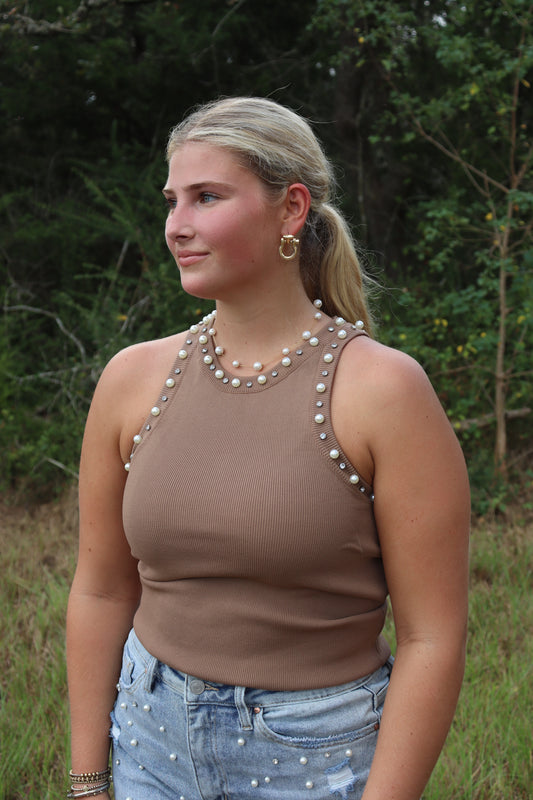 Brown Peal & Rhinestone Tank