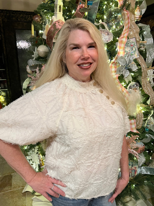 White Textured Gold Button Top