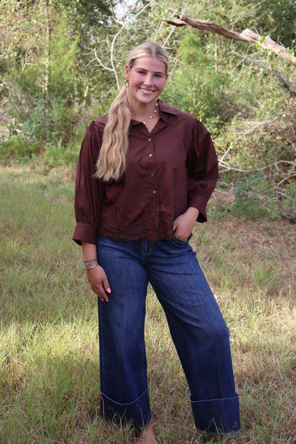 Brown Lace Button Up