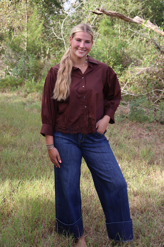 Brown Lace Button Up