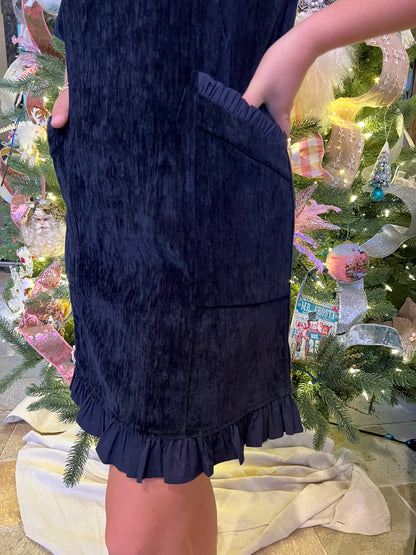 Navy Velvet Ruffle Dress