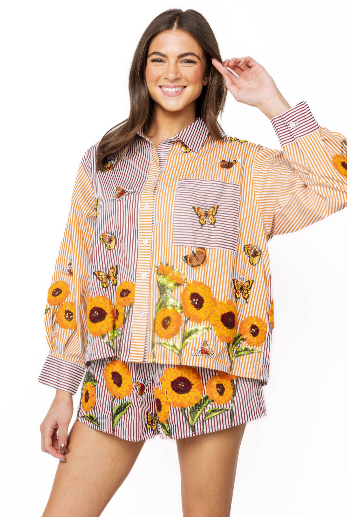 Queen of Sparkles Striped Butterfly & Sunflower Button Up