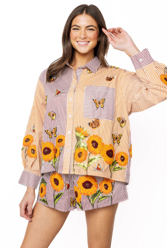 Queen of Sparkles Striped Butterfly & Sunflower Button Up