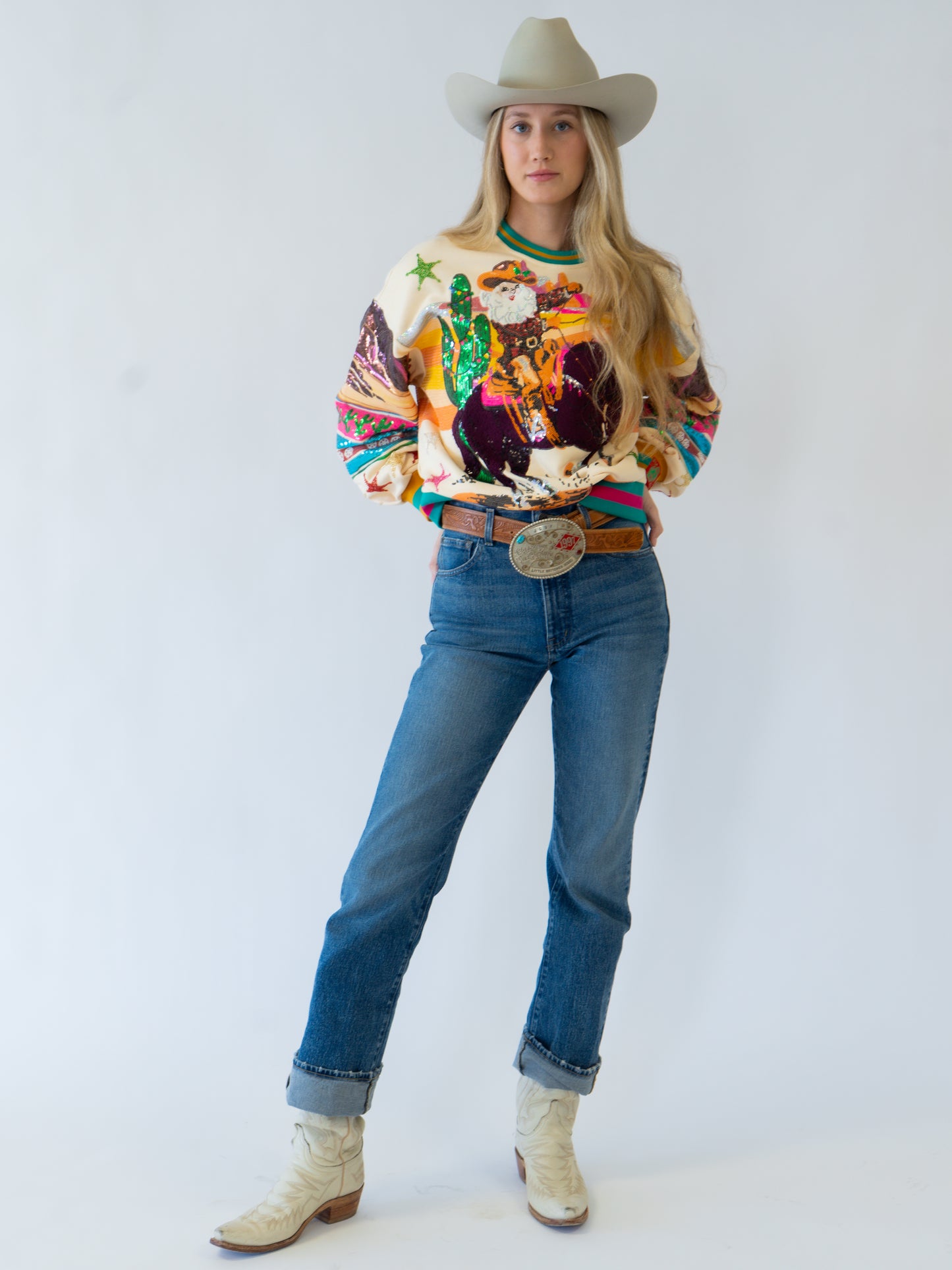 Queen of Sparkles Multi Vintage Cowboy Santa Sweatshirt