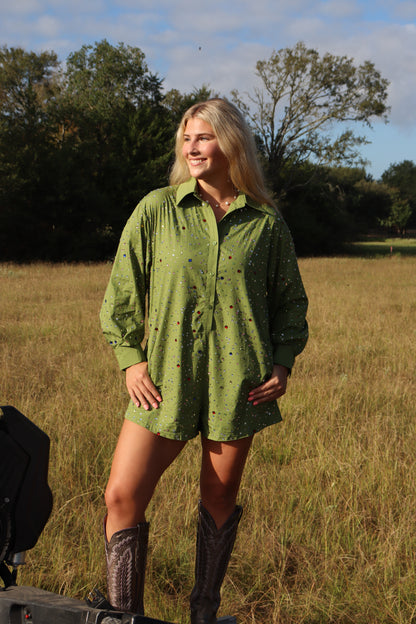 Queen Of Sparkles Olive Multi Rhinestone Button Up Romper