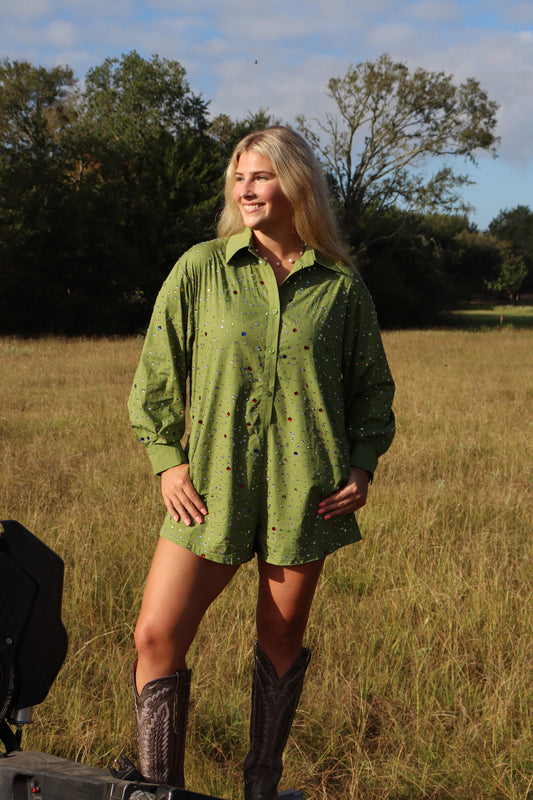 Queen Of Sparkles Olive Multi Rhinestone Button Up Romper