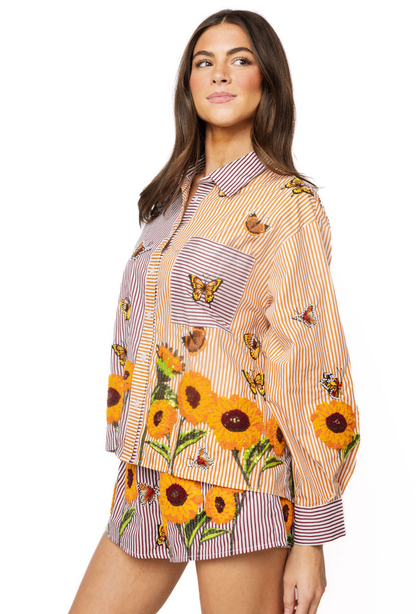 Queen of Sparkles Striped Butterfly & Sunflower Button Up