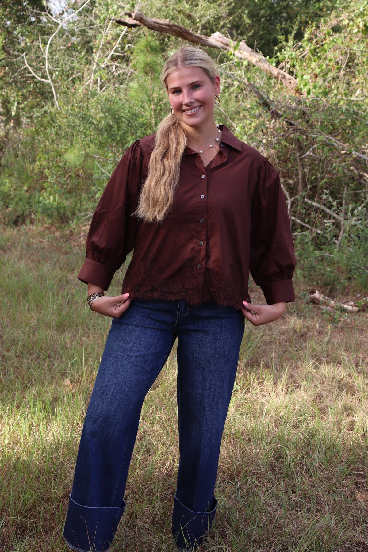 Brown Lace Button Up