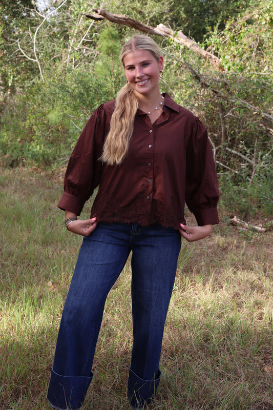 Brown Lace Button Up