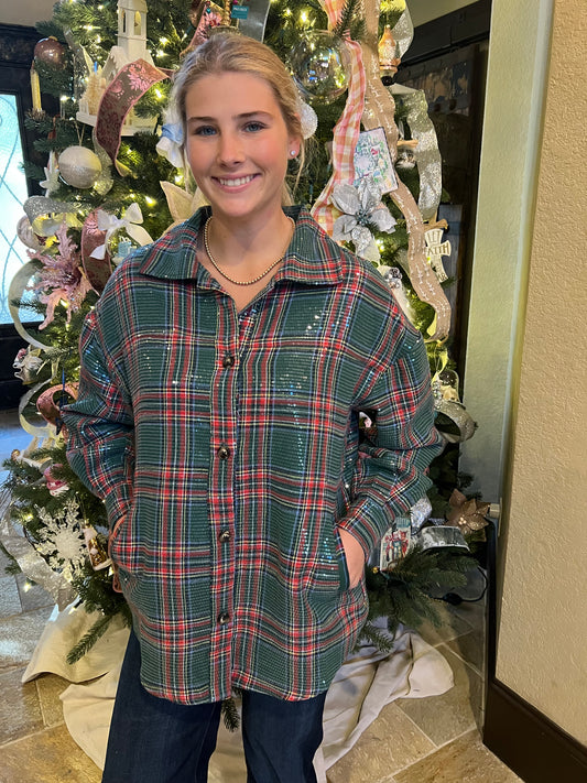 Green Plaid Sequin Button Up