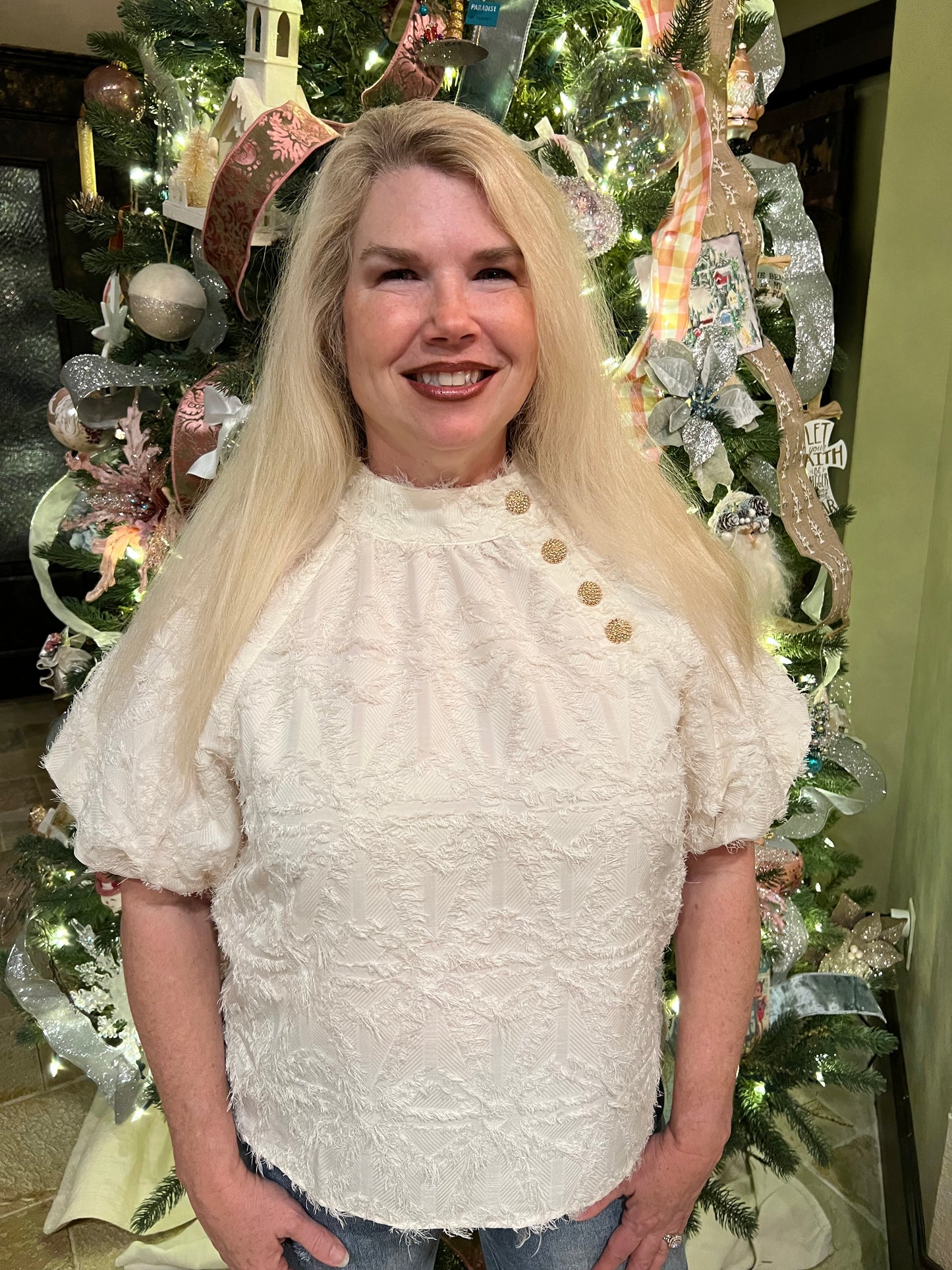 White Textured Gold Button Top
