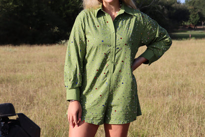 Queen Of Sparkles Olive Multi Rhinestone Button Up Romper