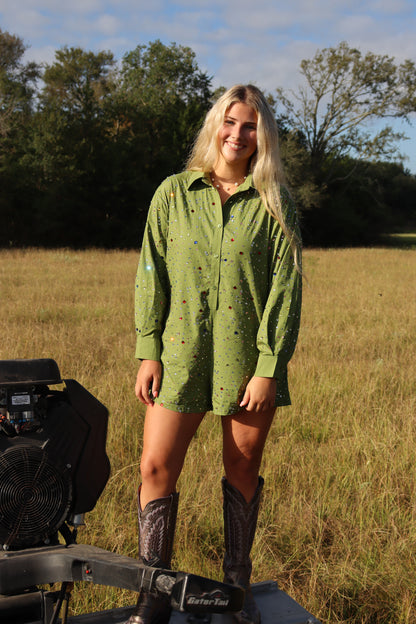 Queen Of Sparkles Olive Multi Rhinestone Button Up Romper