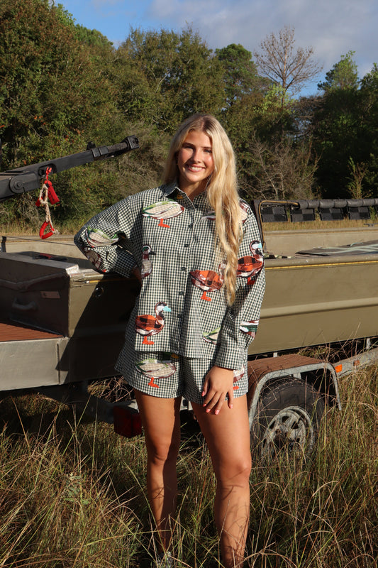 Queen of Sparkles Gingham Duck Button Up