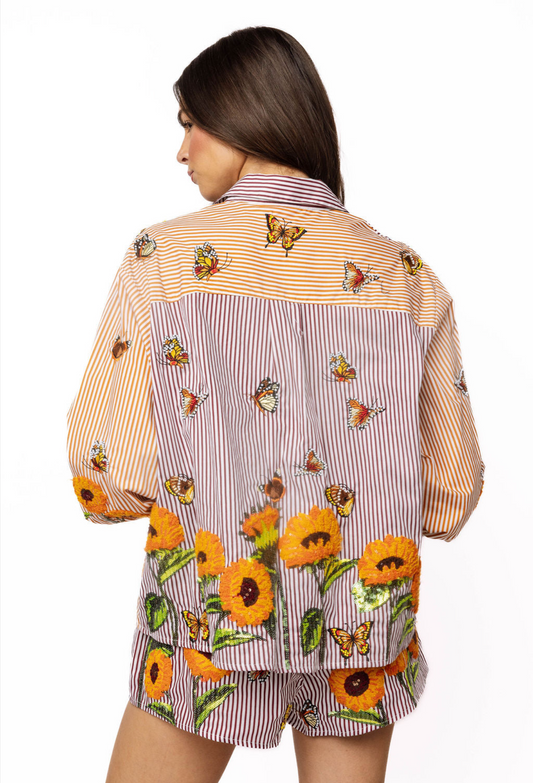 Queen of Sparkles Striped Butterfly & Sunflower Button Up