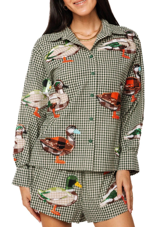 Queen of Sparkles Gingham Duck Button Up