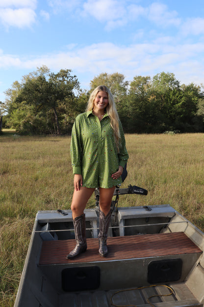 Queen Of Sparkles Olive Multi Rhinestone Button Up Romper