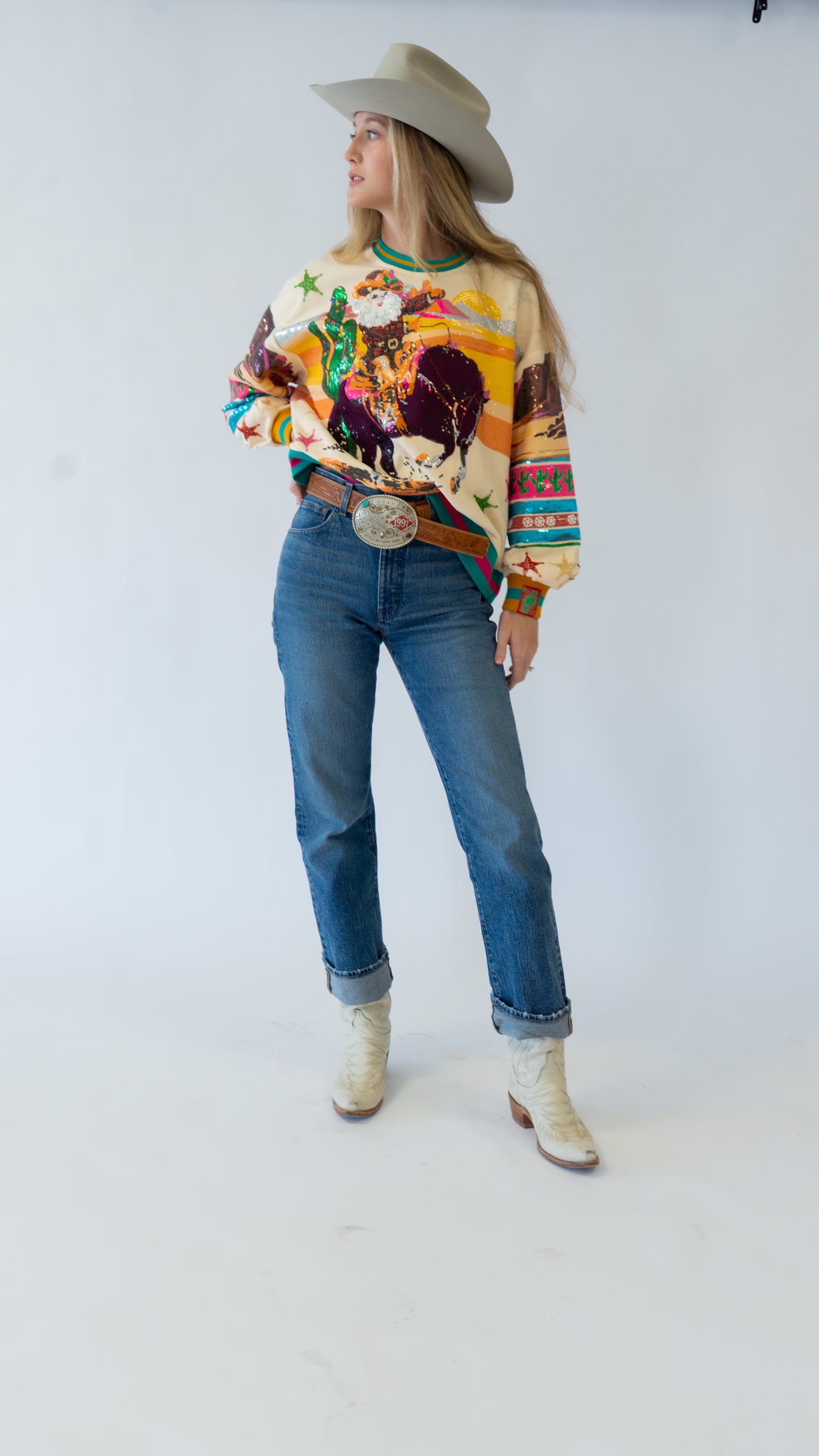 Queen of Sparkles Multi Vintage Cowboy Santa Sweatshirt
