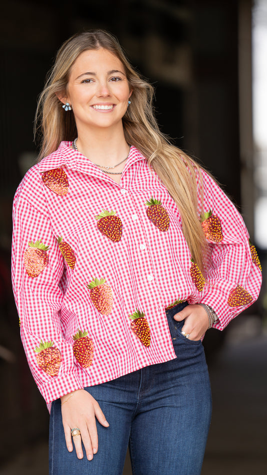 Queen Of Sparkles Gingham Strawberry Button Up Top