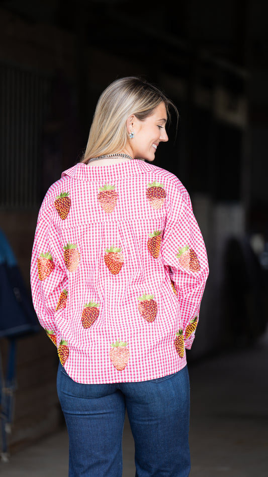 Queen Of Sparkles Gingham Strawberry Button Up Top
