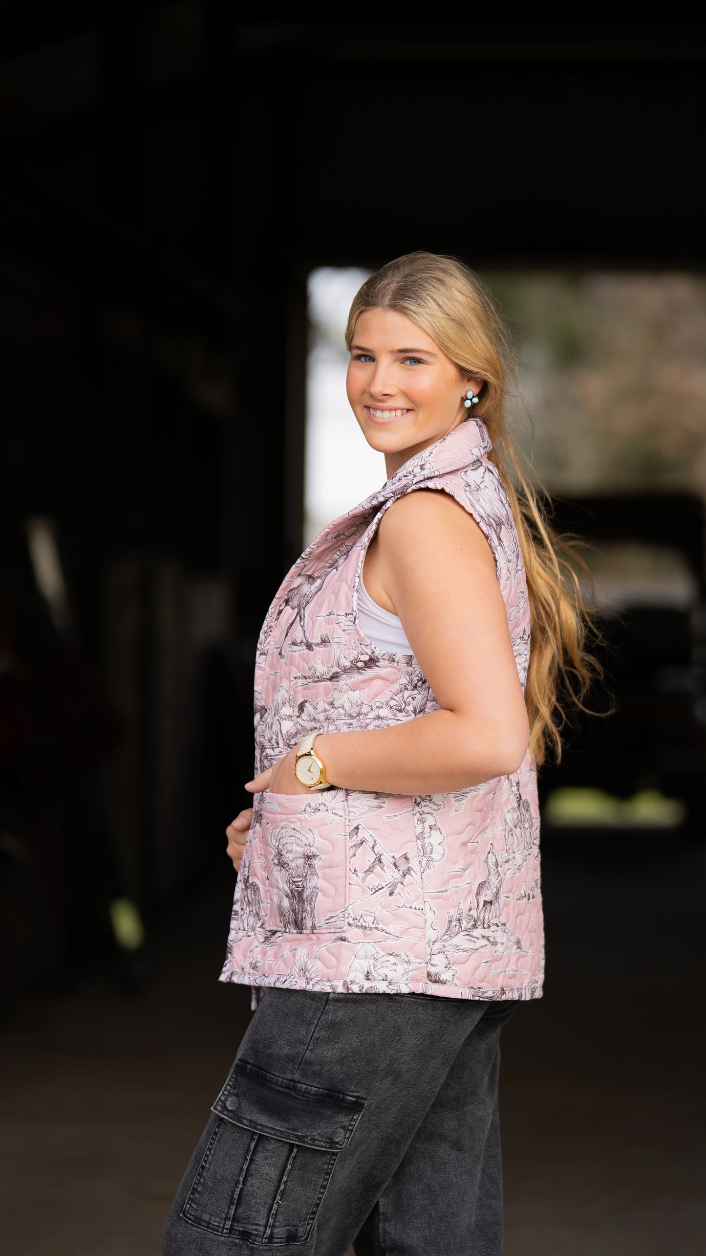 Ida Mae Pink & Brown Wildlife Toile Quilted Vest