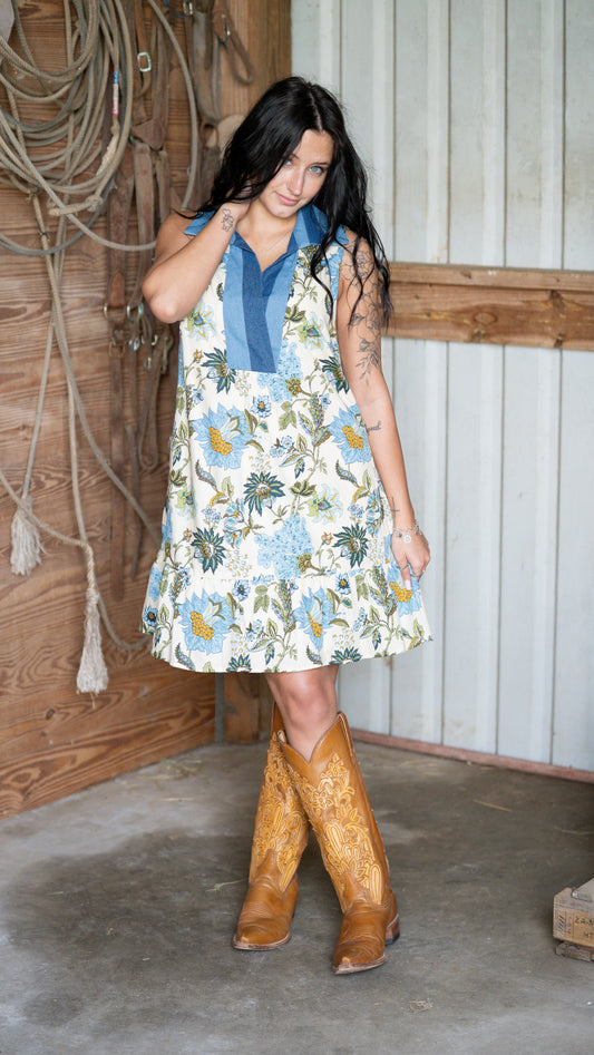 Denim Detail Floral Dress