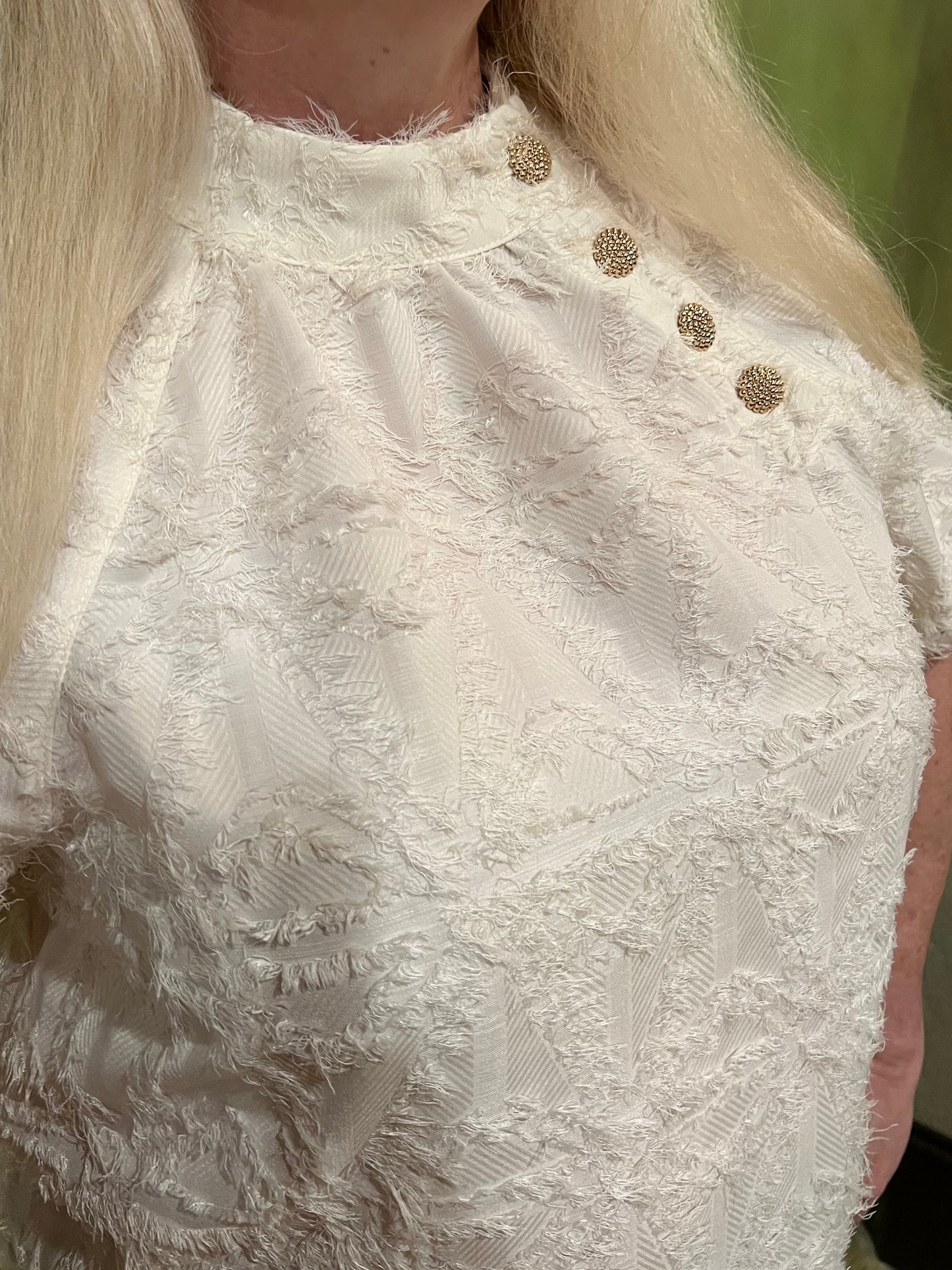 White Textured Gold Button Top