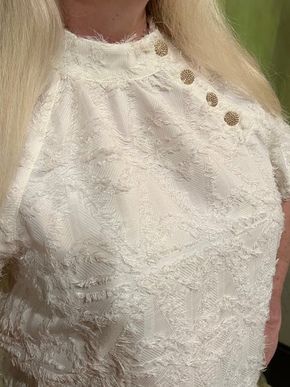White Textured Gold Button Top