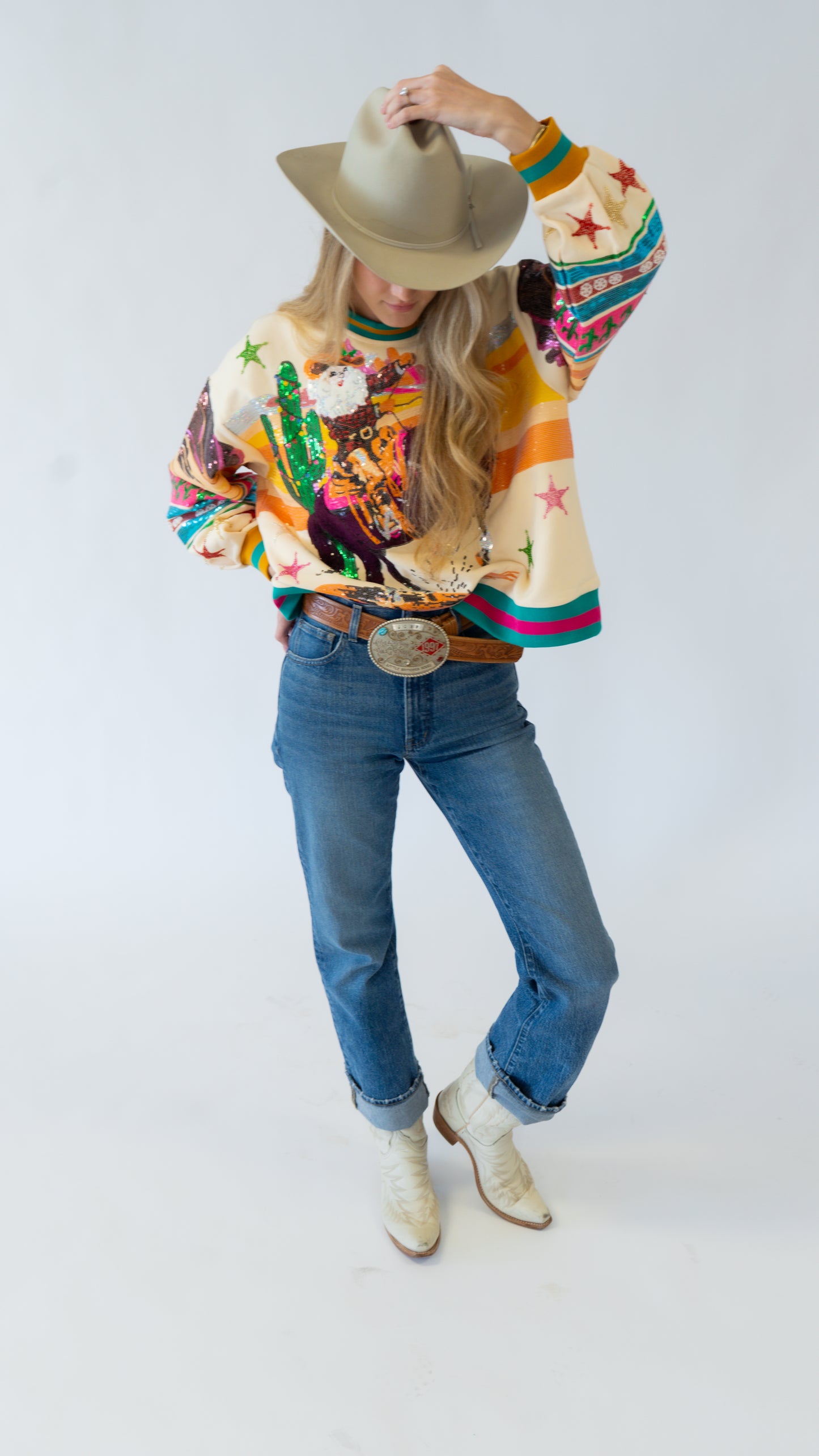 Queen of Sparkles Multi Vintage Cowboy Santa Sweatshirt