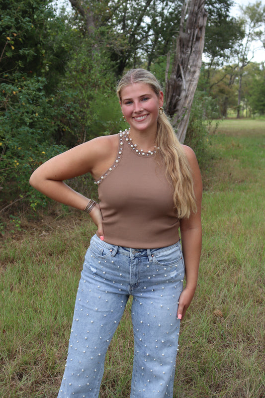 Brown Peal & Rhinestone Tank